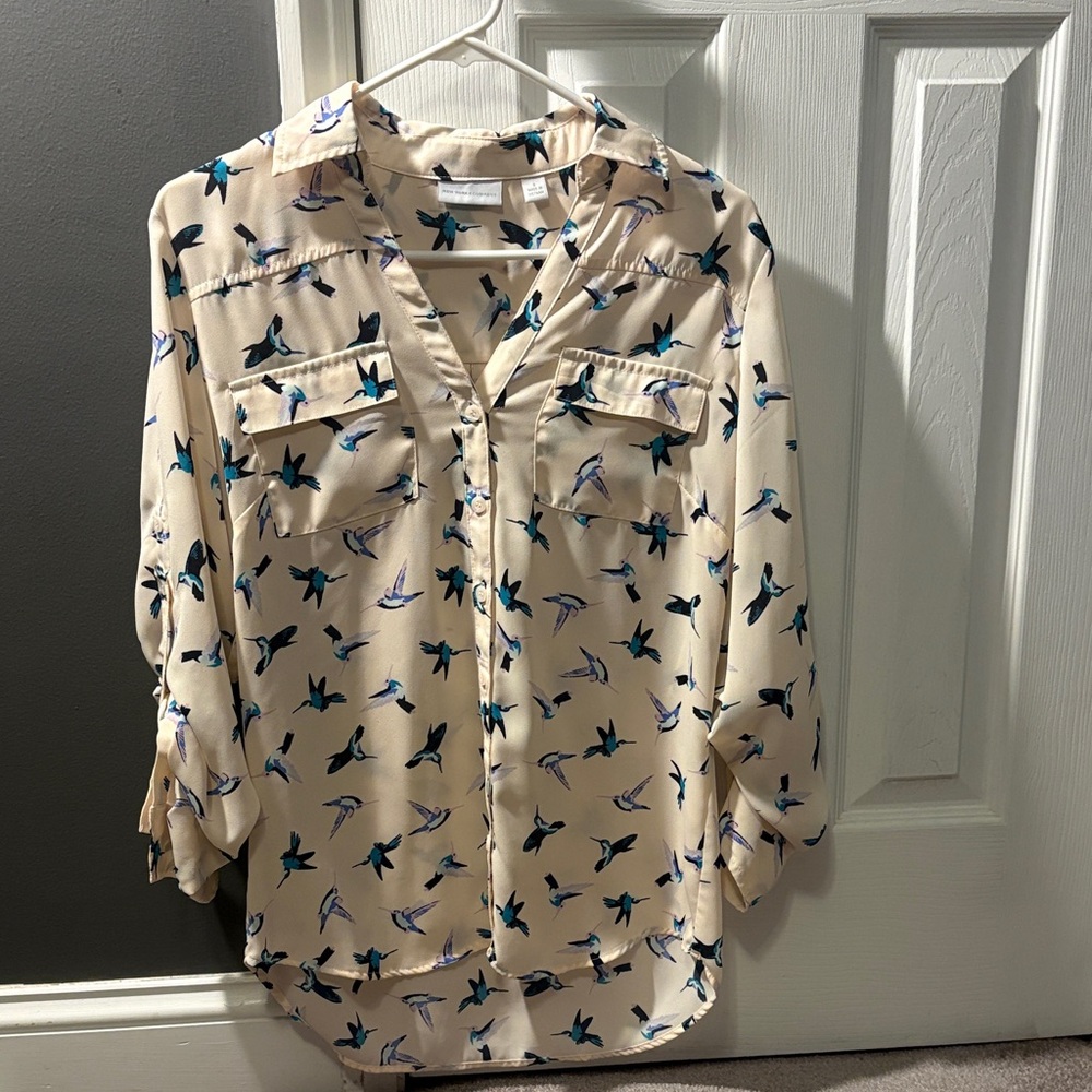 New York & Company Cream Blouse with Bird Pattern